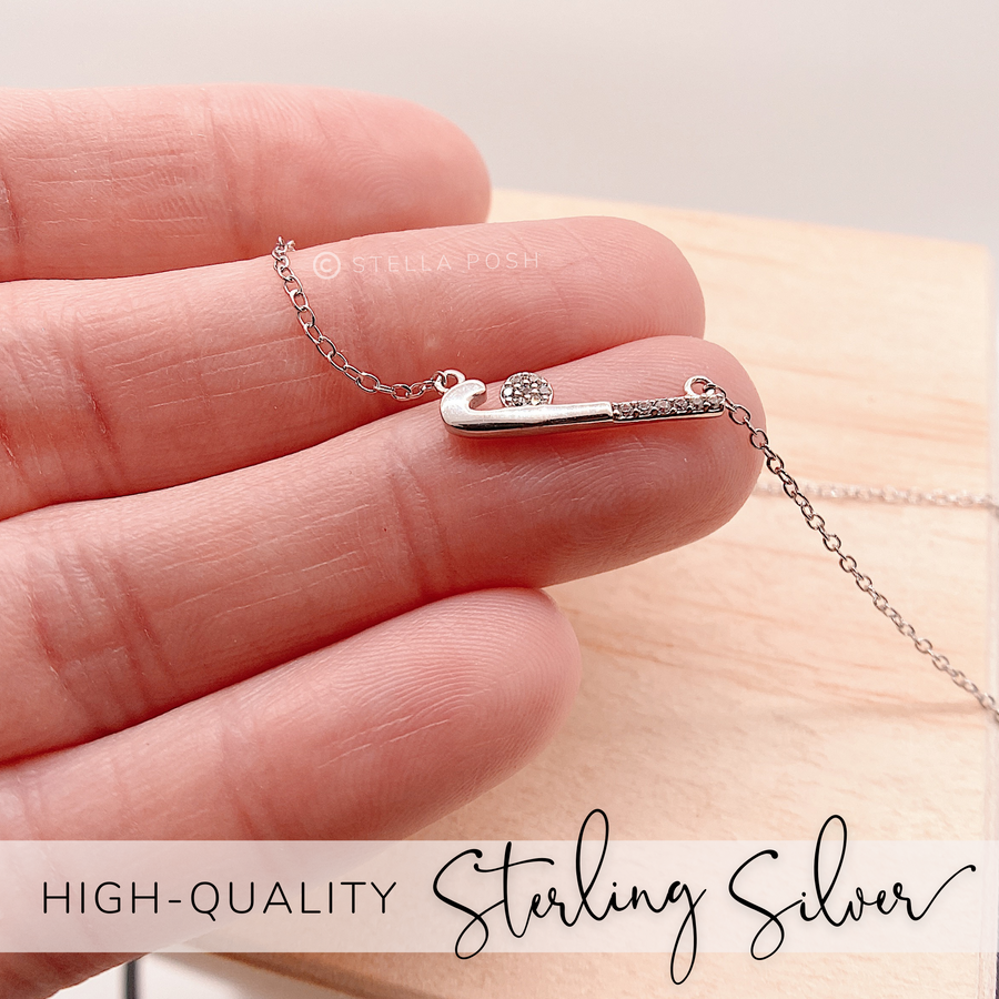 Dainty .925 Sterling Silver Field Hockey Necklace with premium cubic zirconias in a pavé setting.