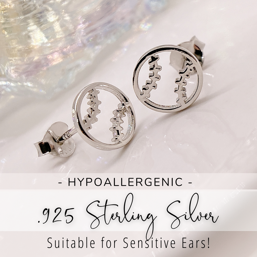 Tiny .925 Sterling Silver Softball Earrings, suitable for sensitive ears.