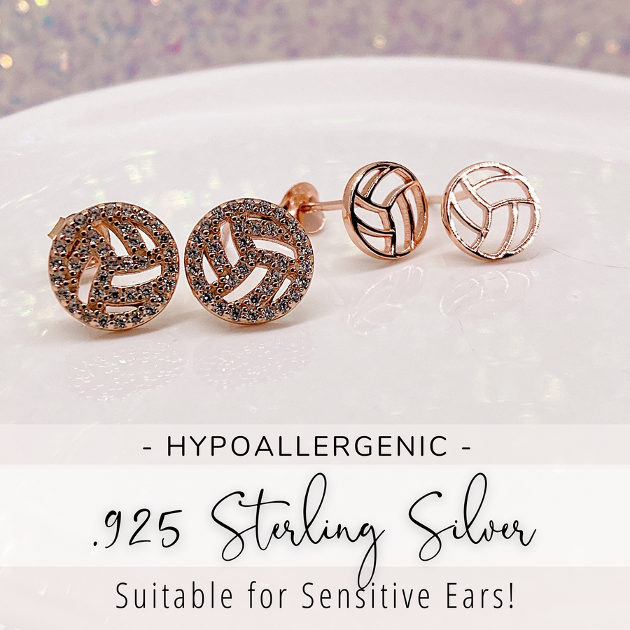 Tiny .925 Sterling Silver Volleyball Earrings without and with premium cubic zirconia stones in a pavé setting, suitable for sensitive ears.