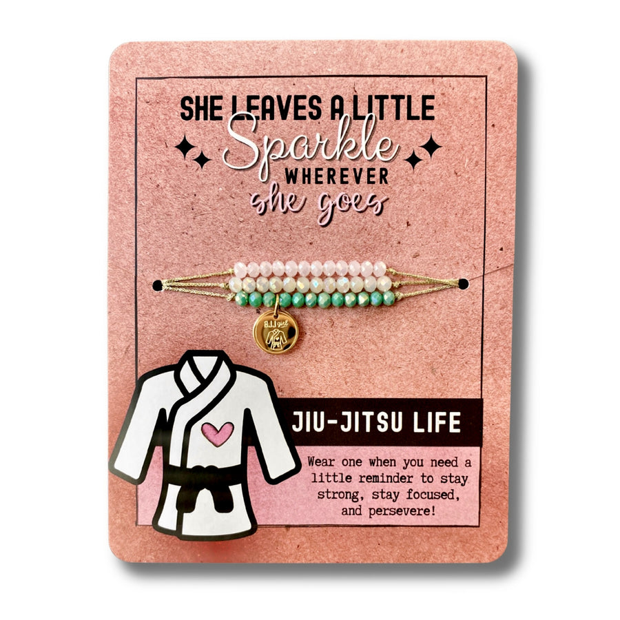 Jiu Jitsu Life Charm Bracelet Set with 14K Gold plated 'BJJ girl' charm, the Perfect little something.
