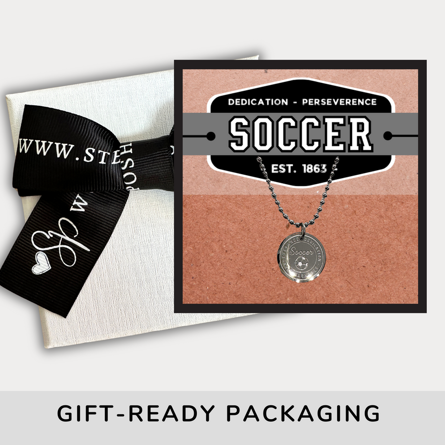 16MM Soccer disc charm necklace, with gift ready packaging.
Dedication - Strength - Perseverance