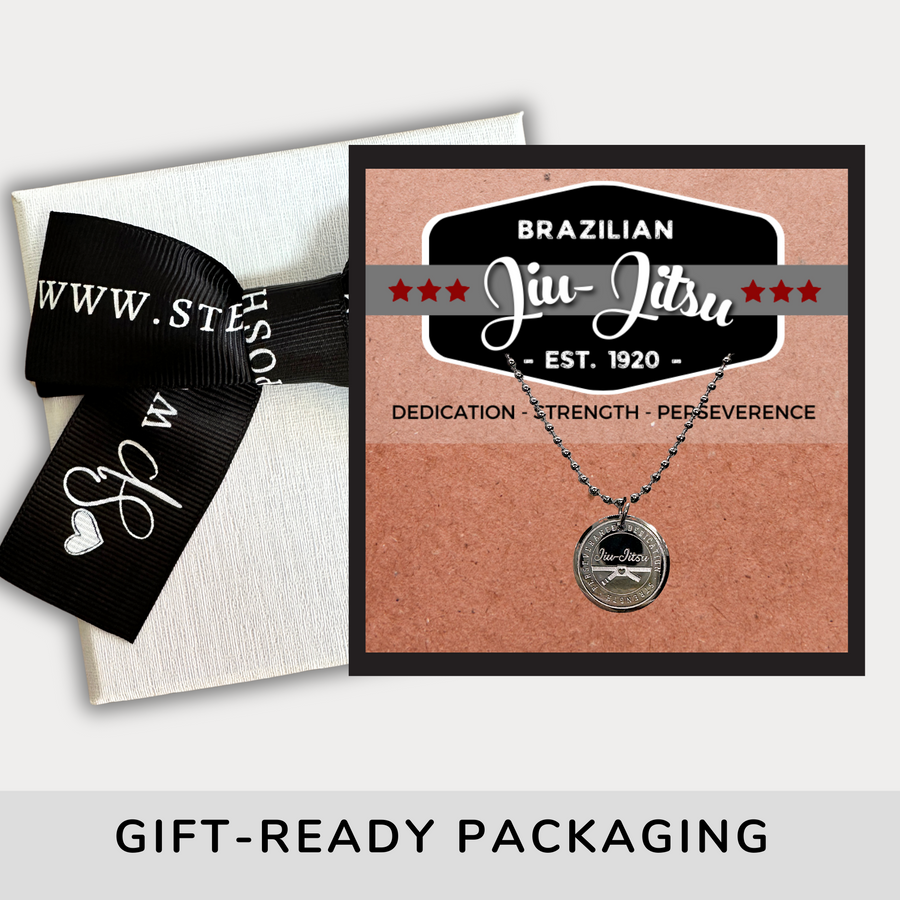 16MM Jiu-Jitsu disc charm necklace with gift ready packaging.
Dedication - Strength - Perseverance