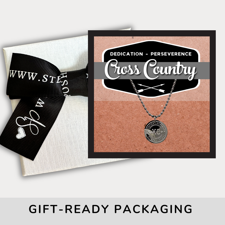 16MM Cross Country disc charm necklace. with gift ready packaging.
Dedication - Strength - Perseverance