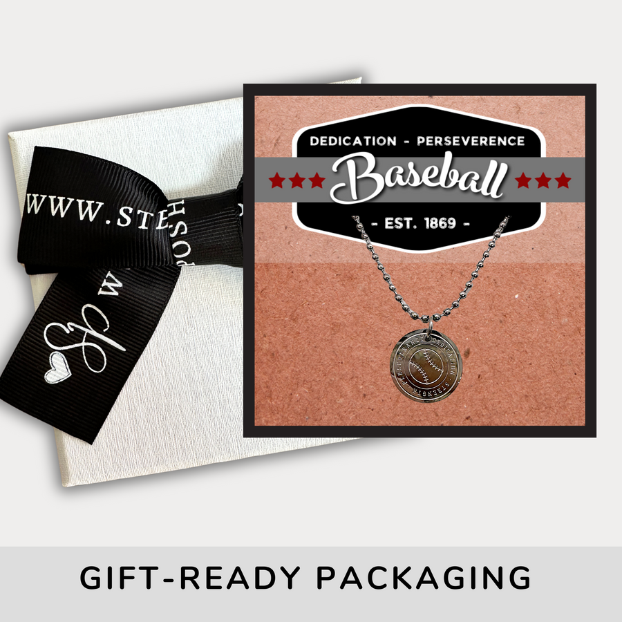 16MM Baseball disc charm necklace with gift ready packaging.
Dedication - Strength - Perseverance