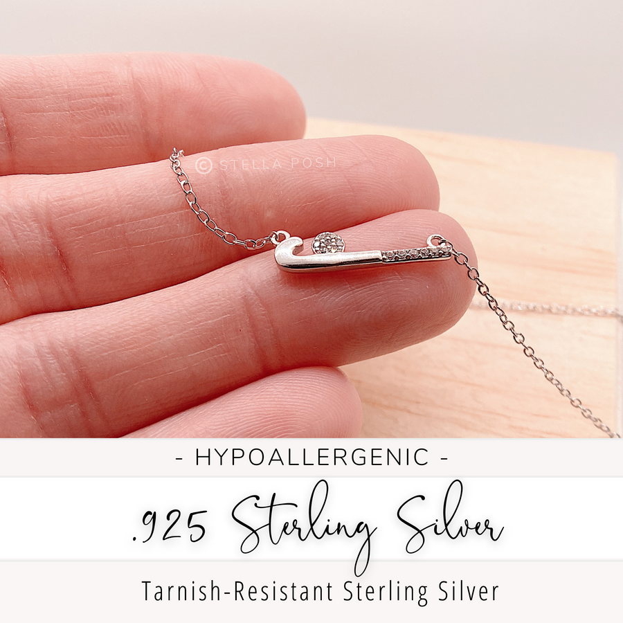 Dainty .925 Sterling Silver Field Hockey Necklace with premium cubic zirconias in a pavé setting.