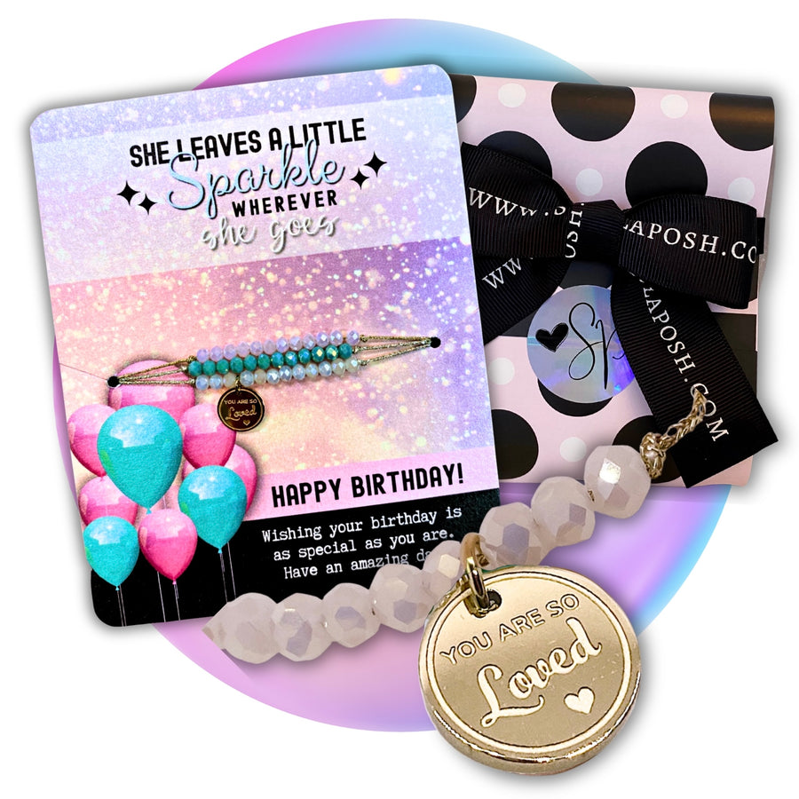  Happy Birthday Charm Bracelet set with 14K Gold plated 'You are so Loved' charm, shown with Gift-Ready Packaging.