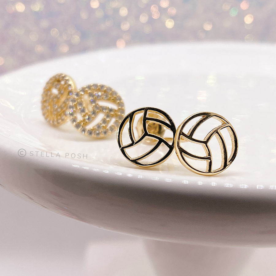 Sterling Silver Volleyball Earrings without and with premium cubic zirconia stones in a pavé setting.