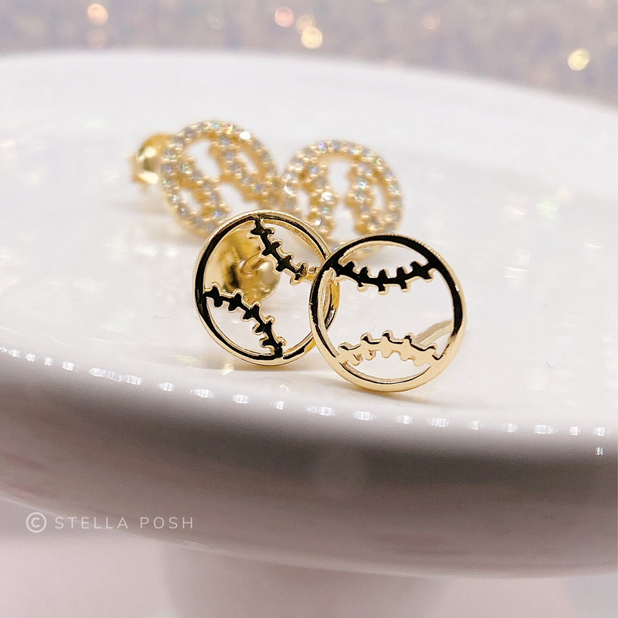 Tiny .925 silver Softball Earrings without and with premium cubic zirconia stones in a pavé setting.