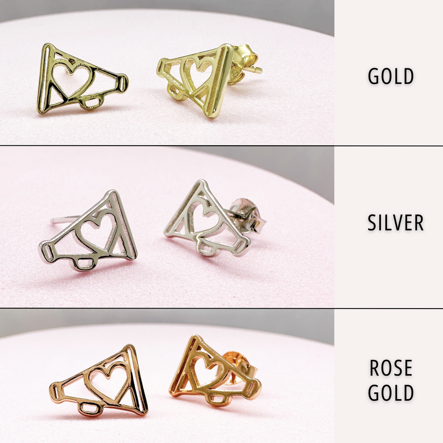 .925 Sterling Silver Cheer Earrings in Silver, Gold, and Rose Gold.