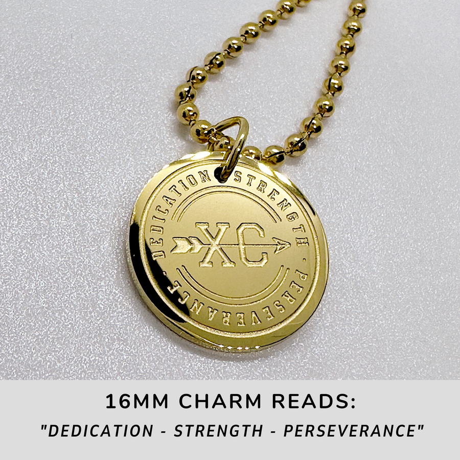 16MM Cross Country disc charm necklace.
Dedication - Strength - Perseverance