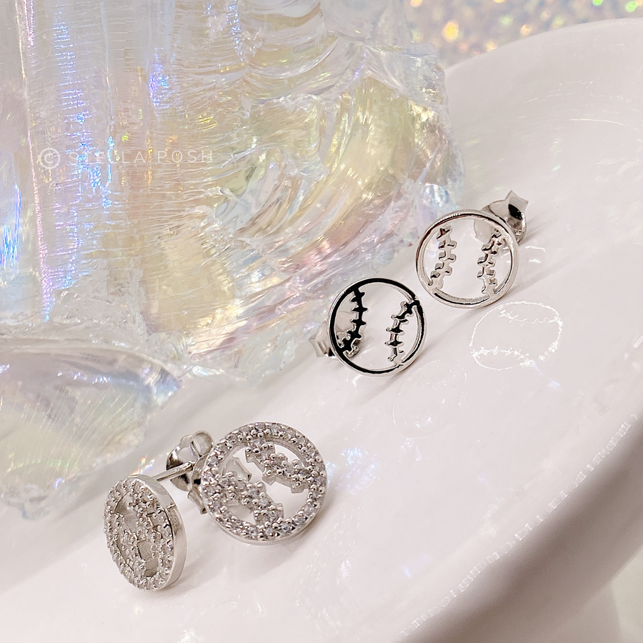 Tiny .925 silver Softball Earrings without and with premium cubic zirconia stones in a pavé setting.