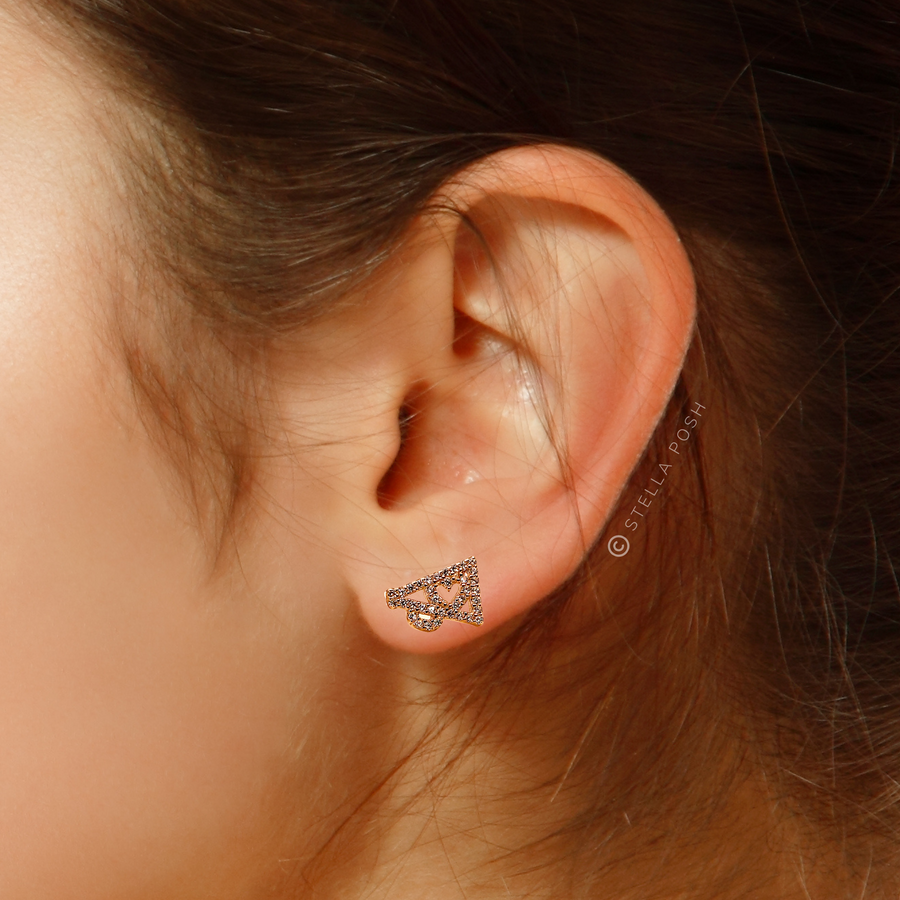 Model wearing Cheer Earrings, with premium Cubic Zirconias in a pavè setting.