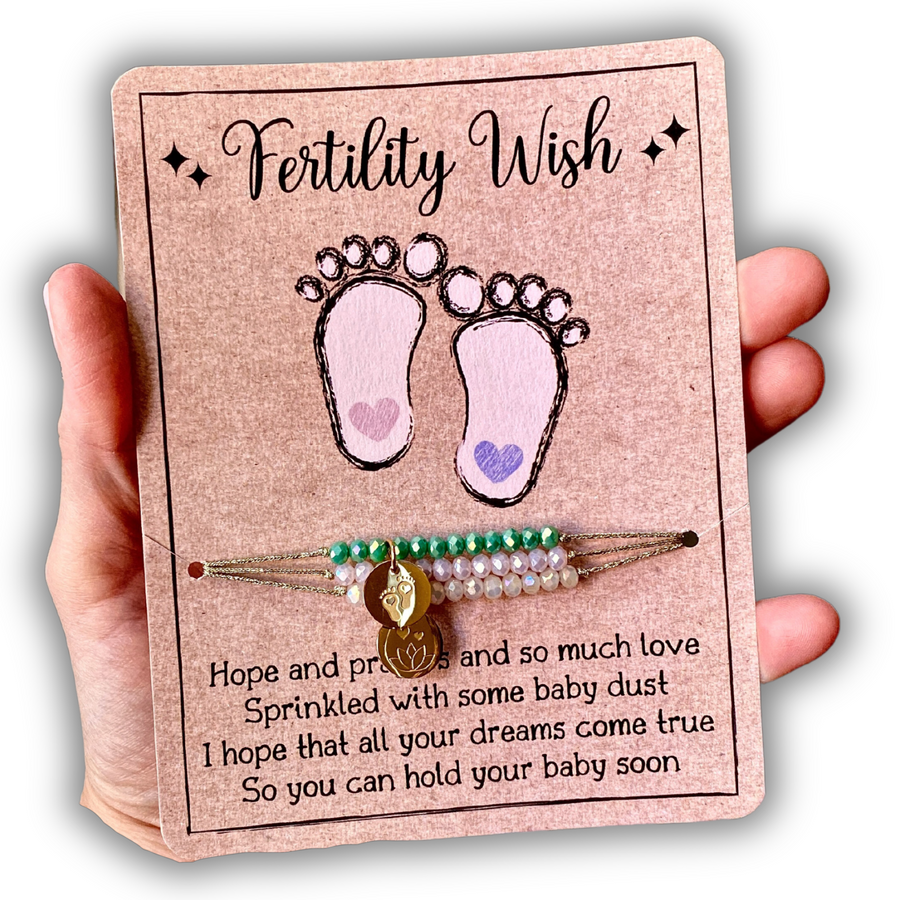 Fertility Wish Charm Bracelet Set with 14K Gold plated 'Little Feet' and 'Lotus Blossom' charms.