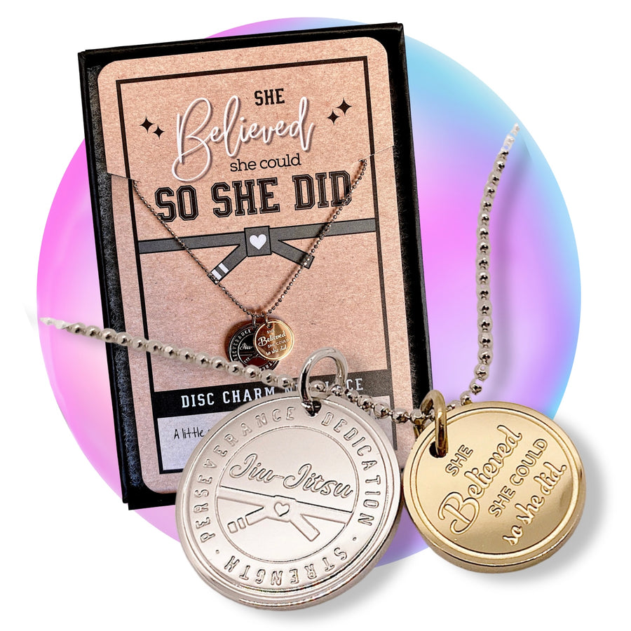 Jiu Jitsu Necklace with Jiu Jitsu charm, and 'She believed she could so she did' charm.