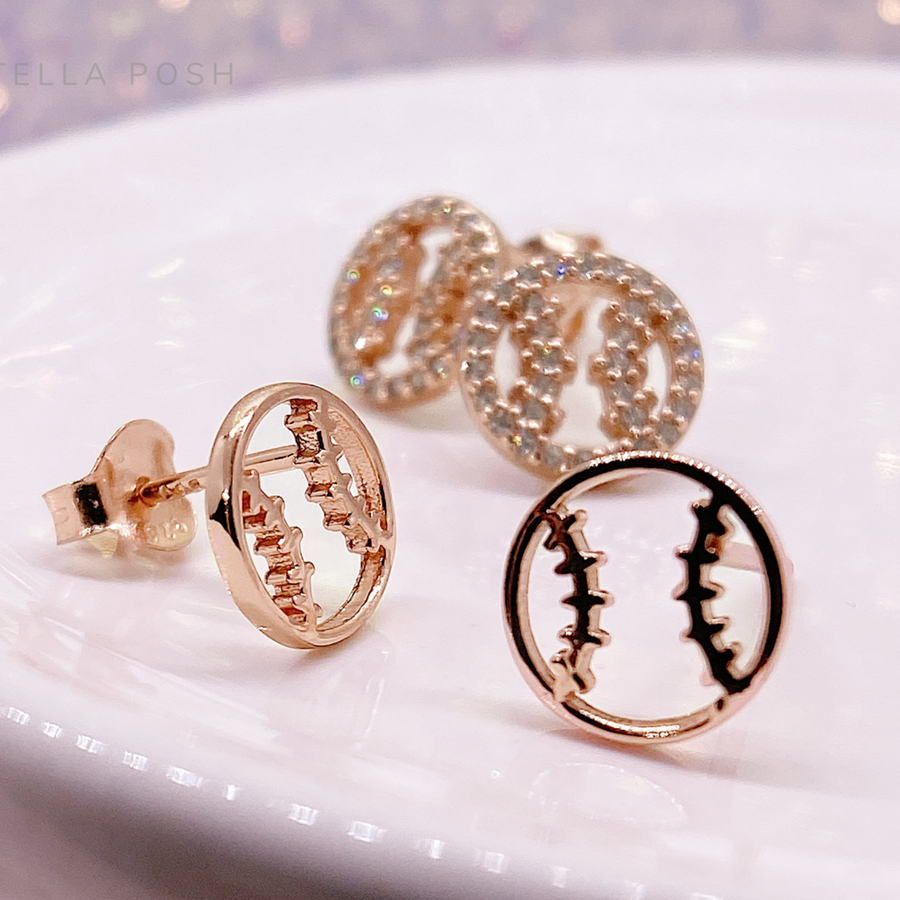 Tiny .925 silver Softball Earrings without and with premium cubic zirconia stones in a pavé setting.