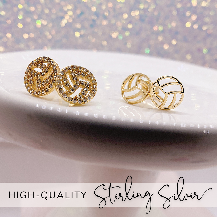 Tiny .925 Sterling Silver Volleyball Earrings with premium cubic zirconia stones in a pavé setting.