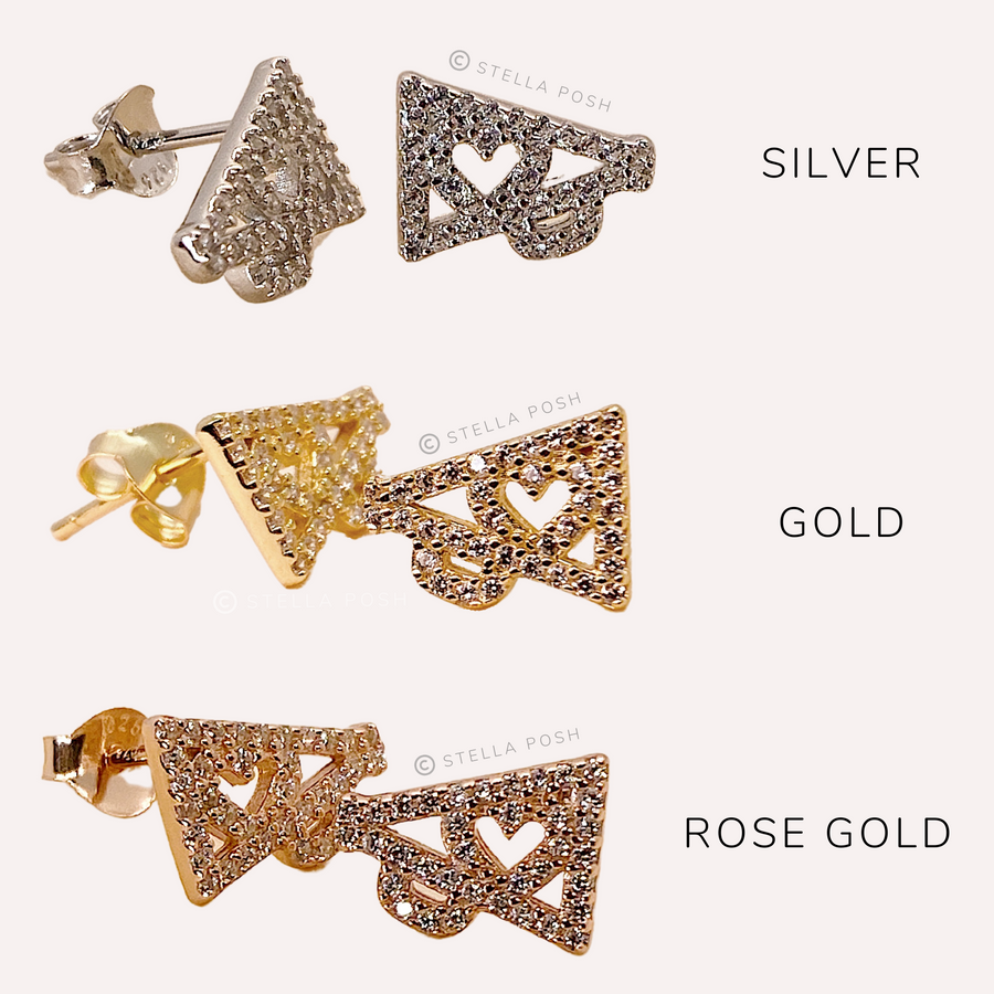 .925 Sterling Silver Cheer Earrings, with premium Cubic Zirconias in a pavè setting, in silver, gold, and rose gold.