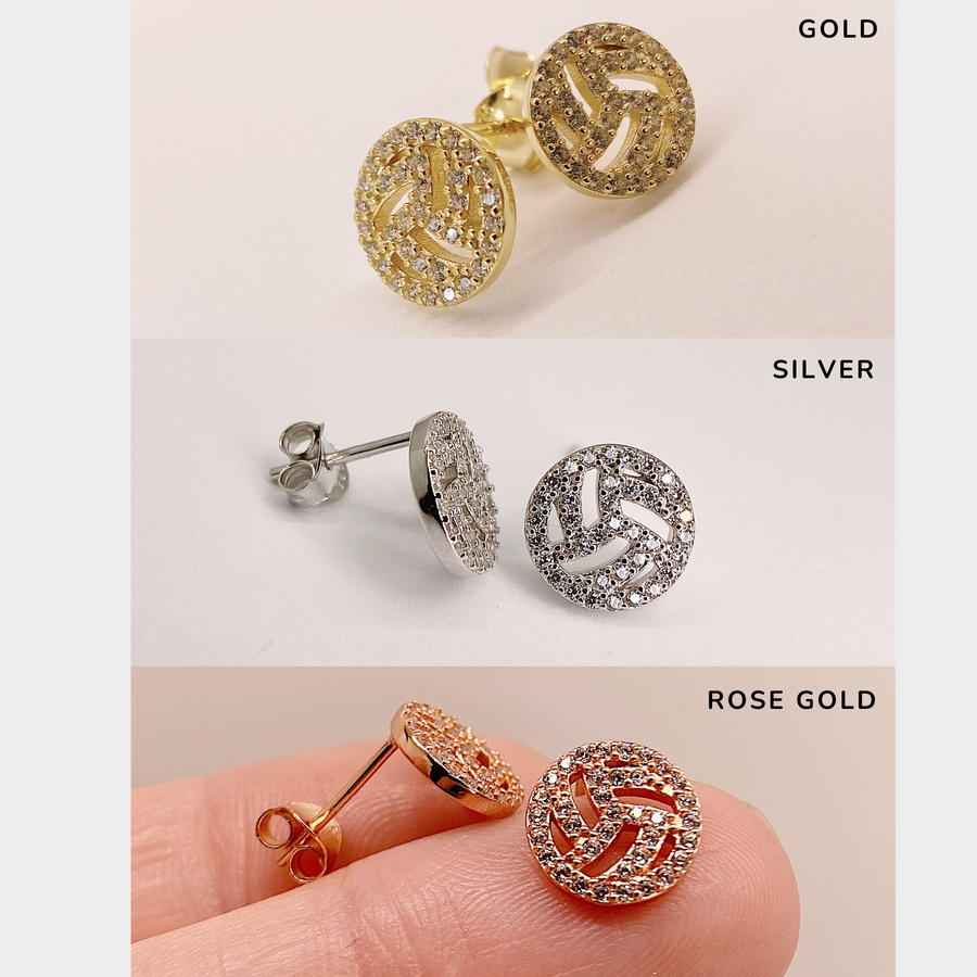 Tiny .925 Sterling Silver Volleyball Earrings with premium cubic zirconia stones in a pavé setting.