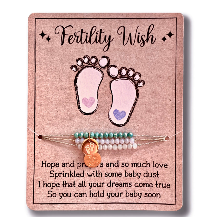 Fertility Wish Charm Bracelet Set with 14K Gold plated 'Little Feet' and 'Lotus Blossom' charms, the Perfect little something.