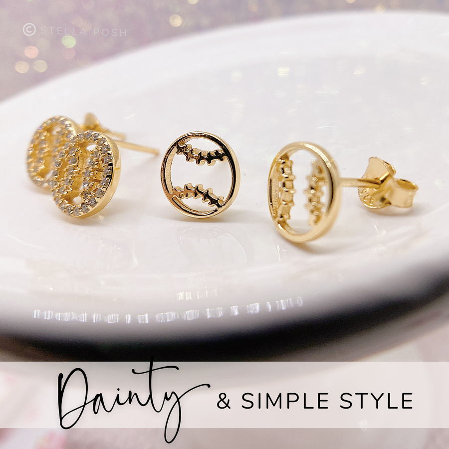 Dainty .925 silver Softball Earrings without and with premium cubic zirconia stones in a pavé setting.