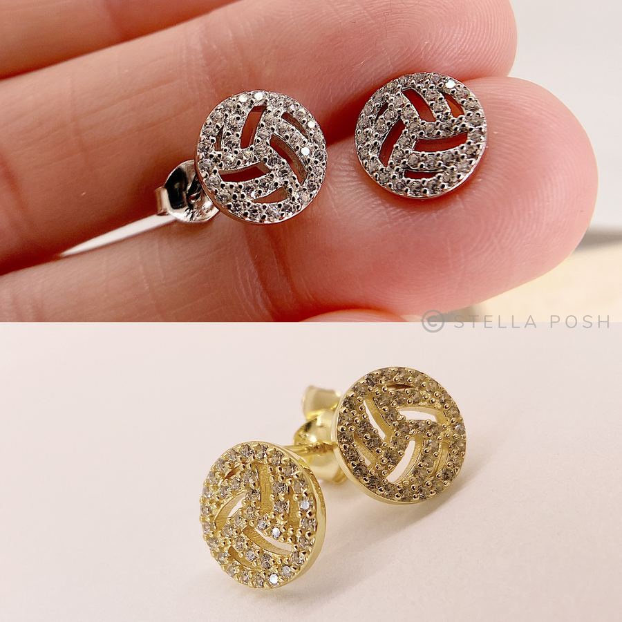 Tiny .925 Sterling Silver Volleyball Earrings with premium cubic zirconia stones in a pavé setting.
