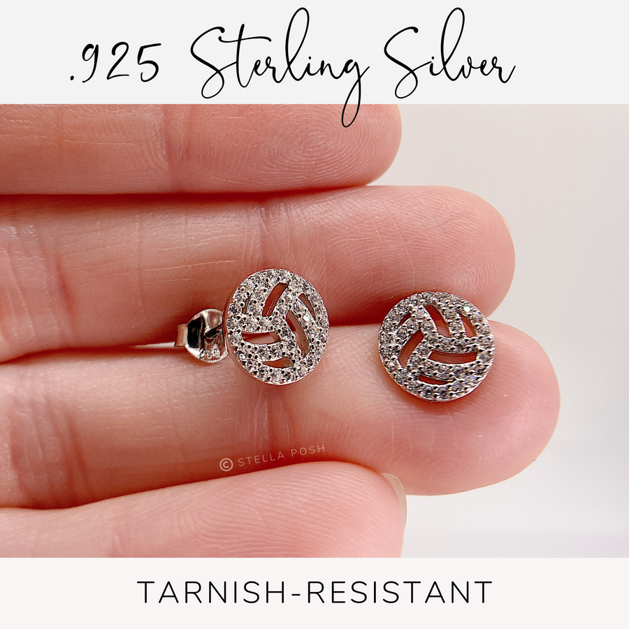 Tiny .925 Sterling Silver Volleyball Earrings with premium cubic zirconia stones in a pavé setting.