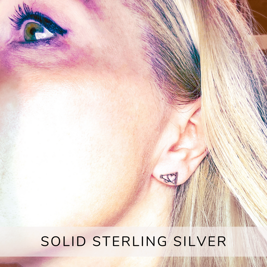 Model wearing Solid .925 Sterling Silver Cheer Earrings.