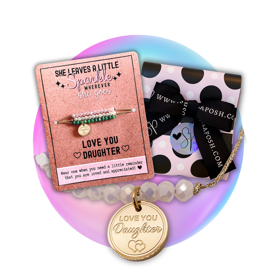 Love You Daughter Charm Bracelet Set with 14K Gold plated 'Love You Daughter' charm, and gift ready packaging.