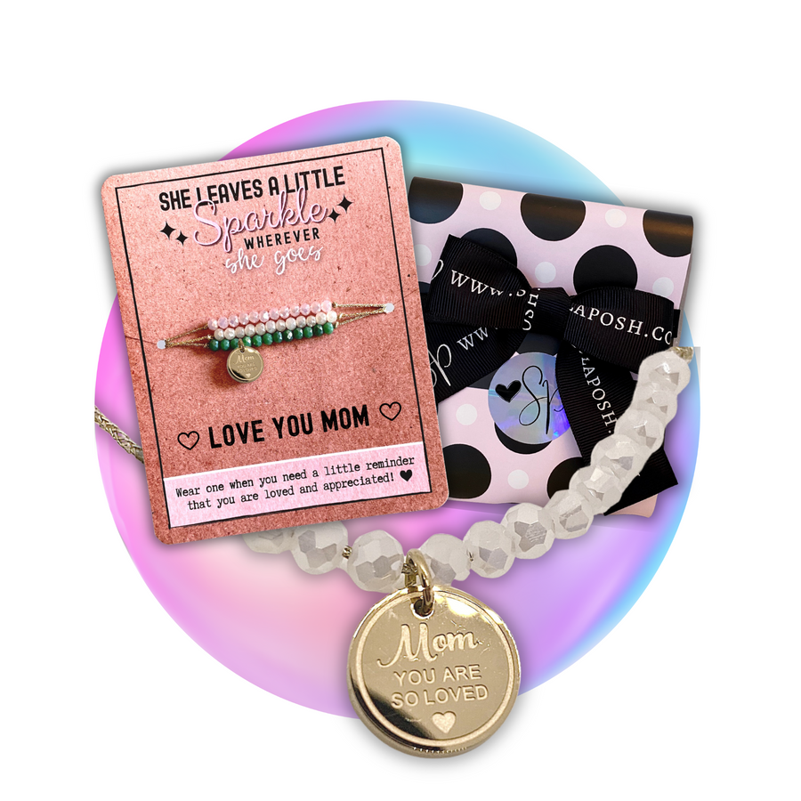 Love You Mom Charm Bracelet set with 14K Gold plated 'Mom You are so Loved' charm, with gift ready packaging.