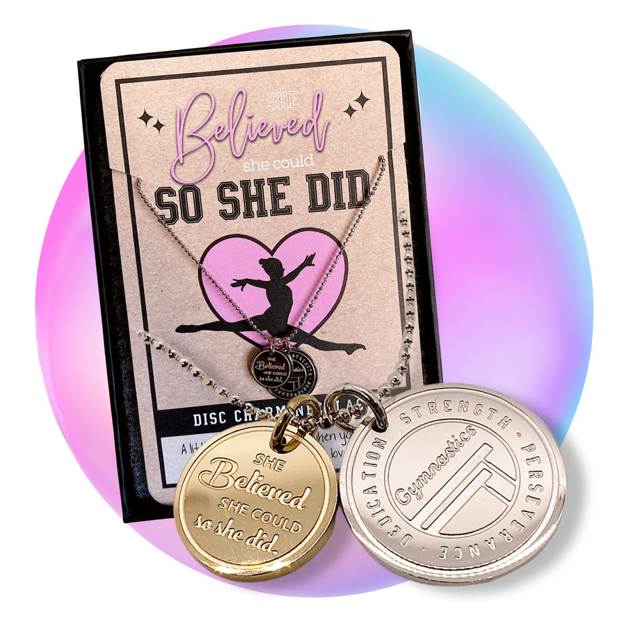 Dainty Gymnastics Charm Necklace with 14K Gold plated or Rhodium plated 'Gymnastics' charm, and 'She believed she could so she did' charm.