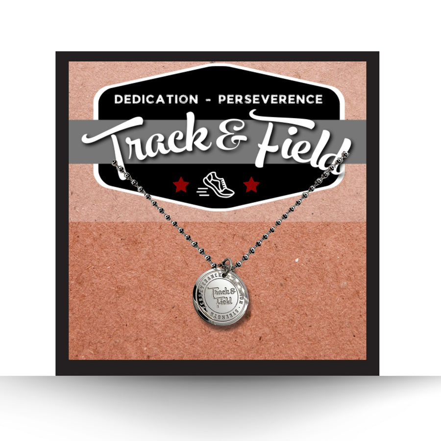 16MM Track and Field disc charm necklace.
Dedication - Strength - Perseverance
