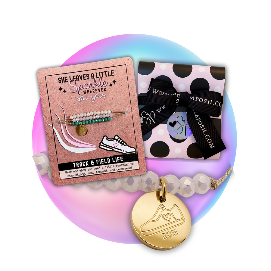 Track and Field Life Charm Bracelet Set with 14K Gold plated 'Run Shoe' charm, with gift ready packaging.