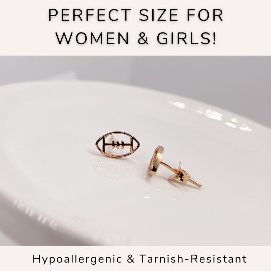 Tiny football earrings, the perfect size for women and girls.
