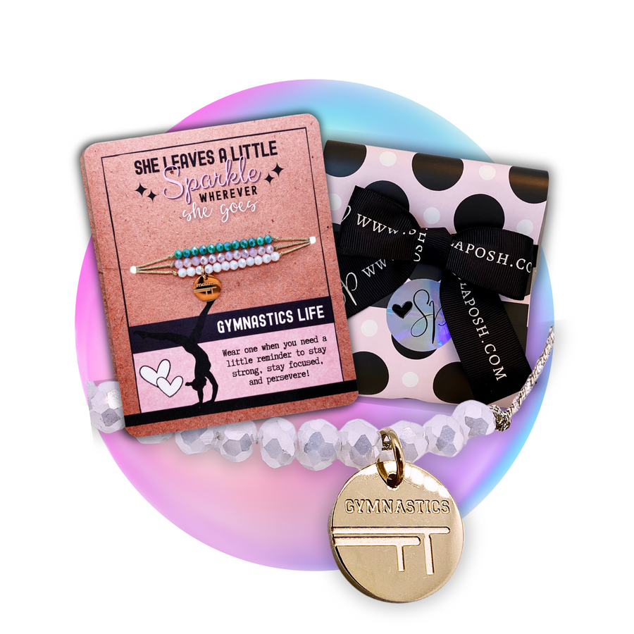 Gymnastics Life Charm Bracelet set with 14K Gold plated 'Gymnastics' charm, and gift ready packaging.