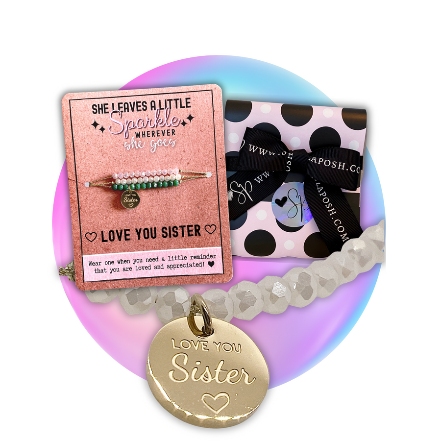Love You Sister Charm Bracelet set with 14K Gold plated 'Love You Sister' charm, with gift ready packaging.