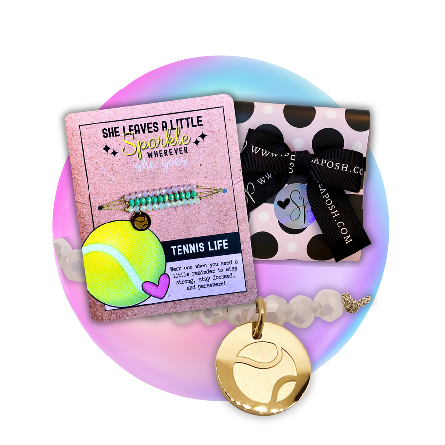 Tennis Life Charm Bracelet Set with 14K Gold plated 'Tennis Ball' charm, with gift ready packaging.