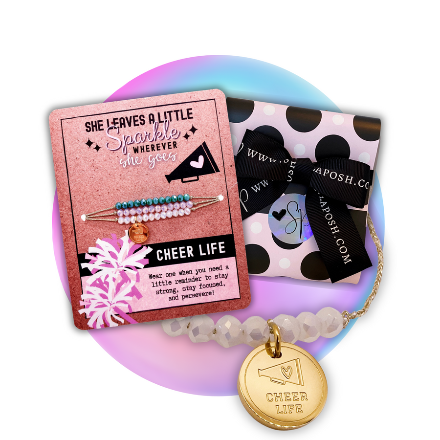 Cheer Life Charm Bracelet Set with 14K Gold plated 'Cheer Life' charm and gift ready packaging.
