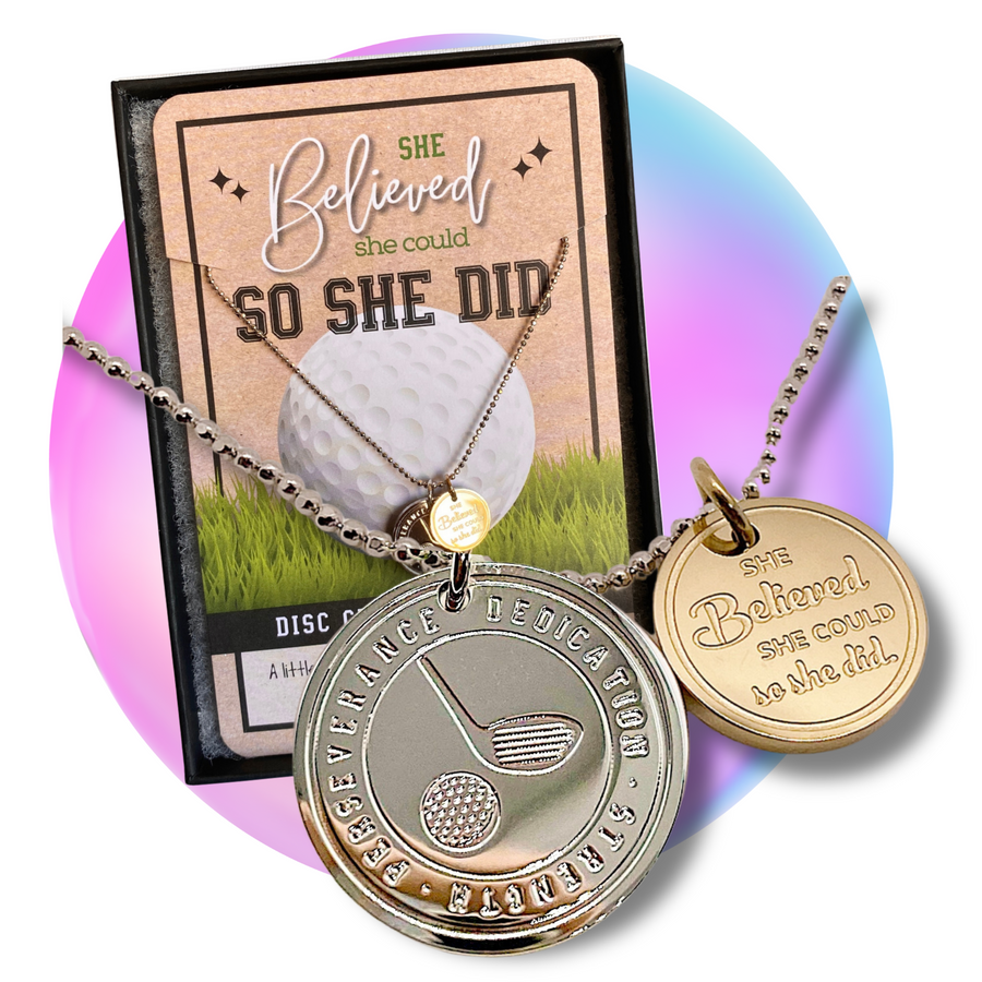 Dainty Golf Charm Necklace with 14K Gold plated or Rhodium plated 'Golf' charm, and 'She believed she could so she did' charm.