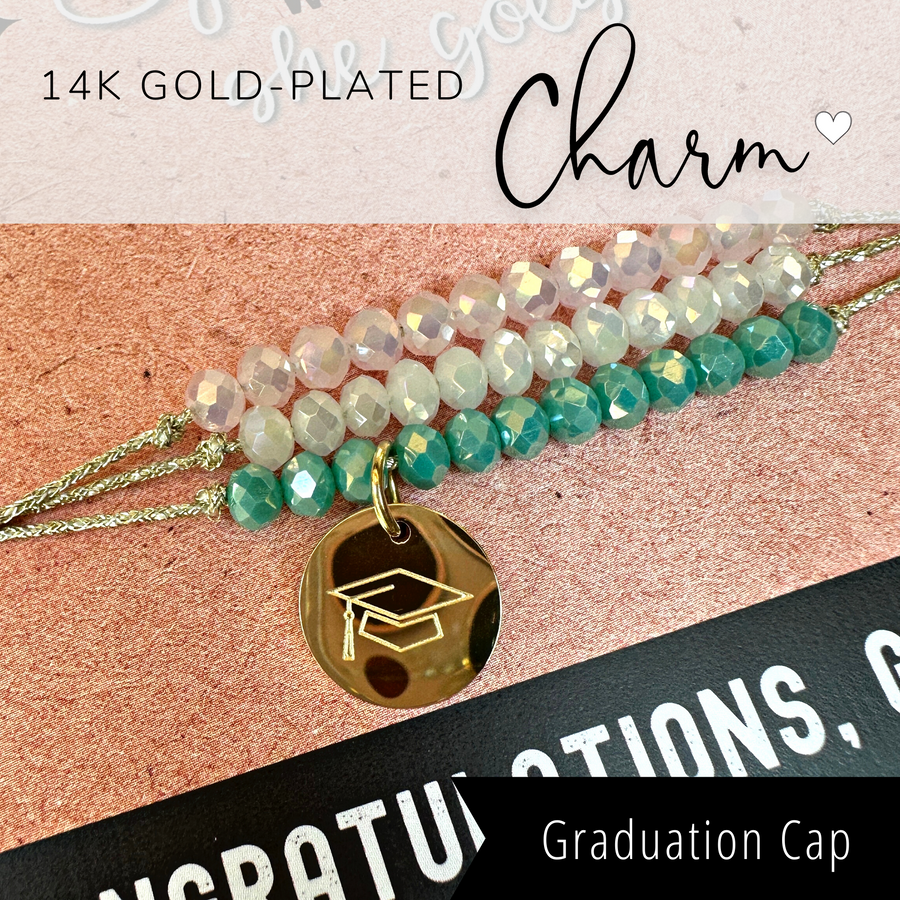 Congratulations, Graduate Charm Bracelet Set with 14K Gold plated 'Graduation Cap' charm.
