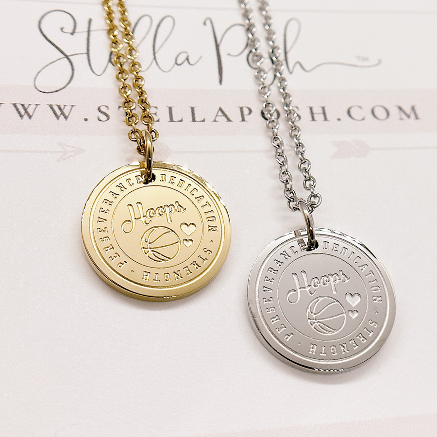 Basketball disc charm necklace in gold and silver.