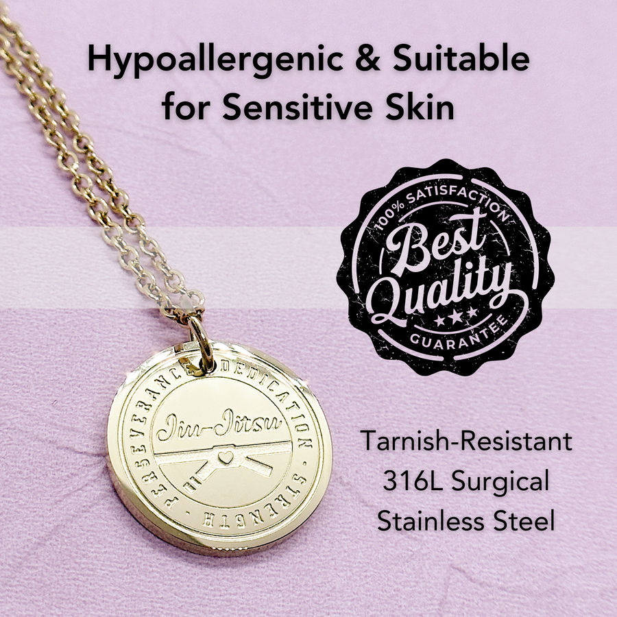 Hypoallergenic gold Jiu Jitsu disc charm necklace, suitable for sensitive skin.