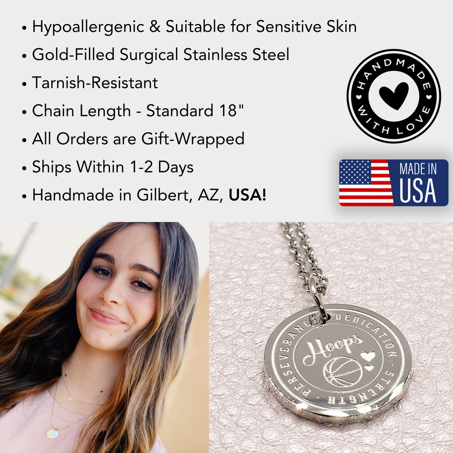 Basketball disccharm necklace information.