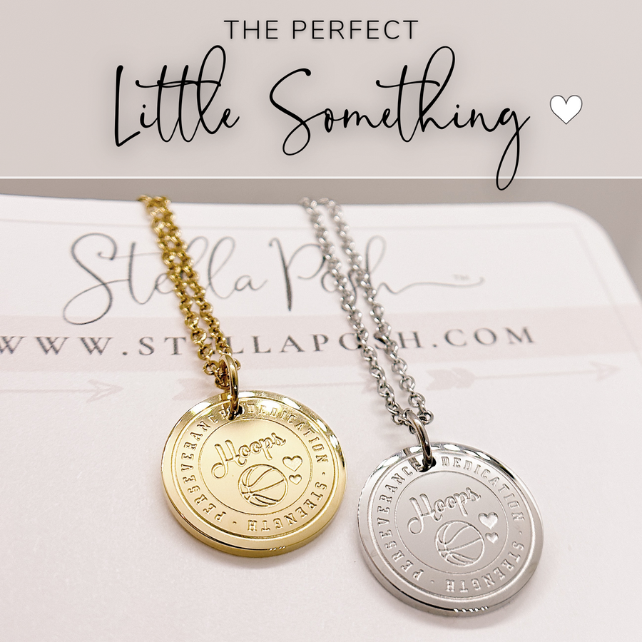 Basketball disc charm necklaces in gold and silver.