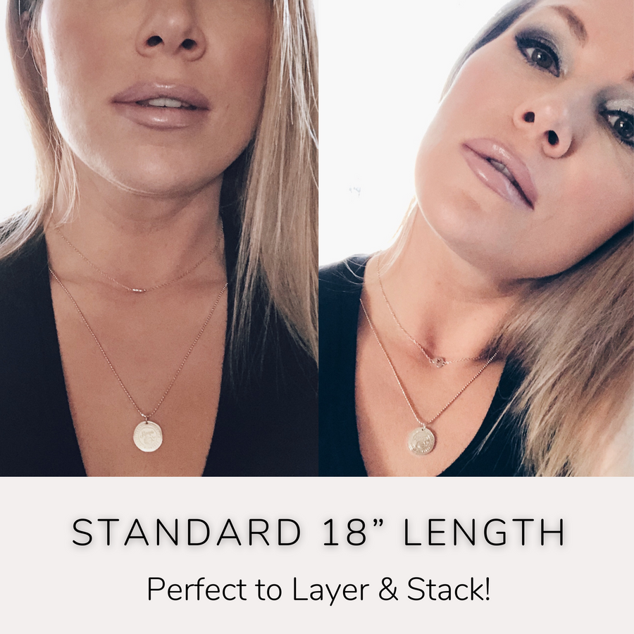 Model wearing stackable disc charm necklace. Perfect to Layer and Stack!