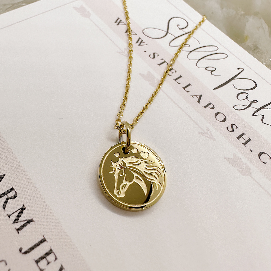 Equestrian disc charm necklace in gold.