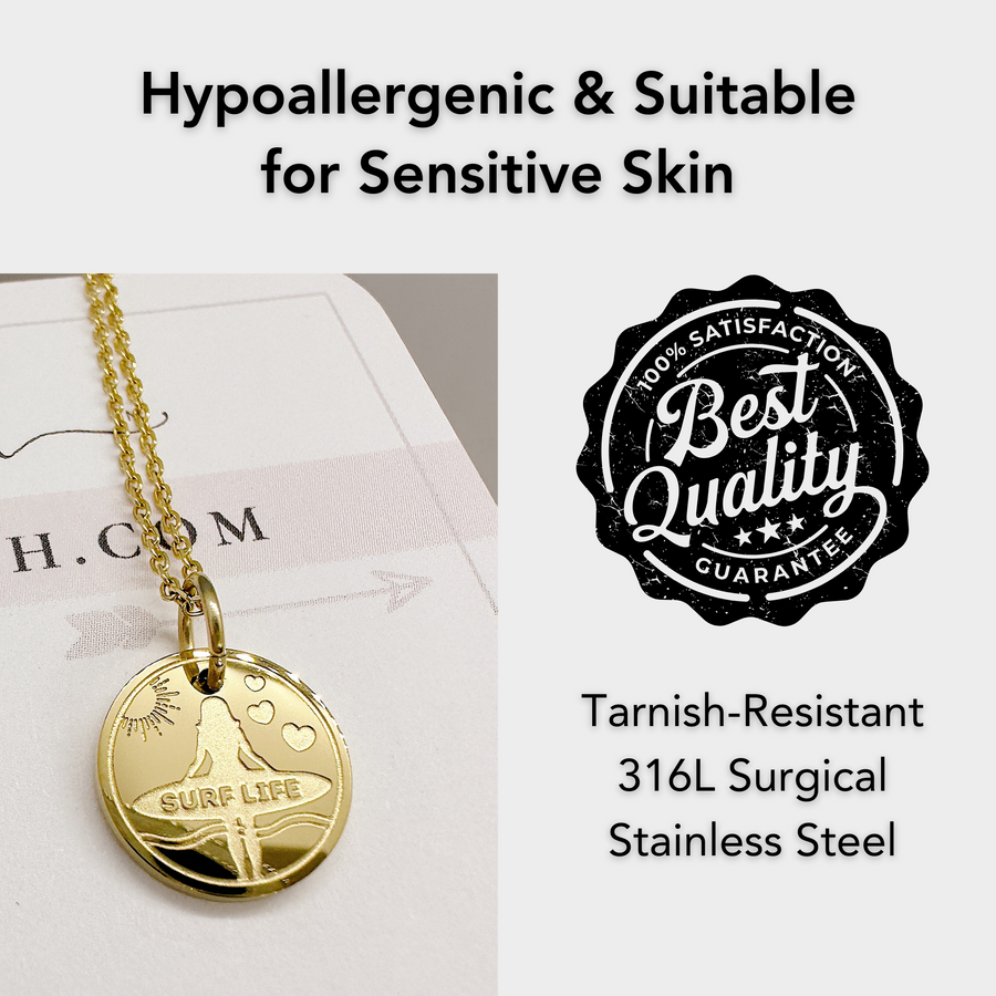 Hypoallergenic gold surfer disc charm necklace, suitable for sensitive skin.