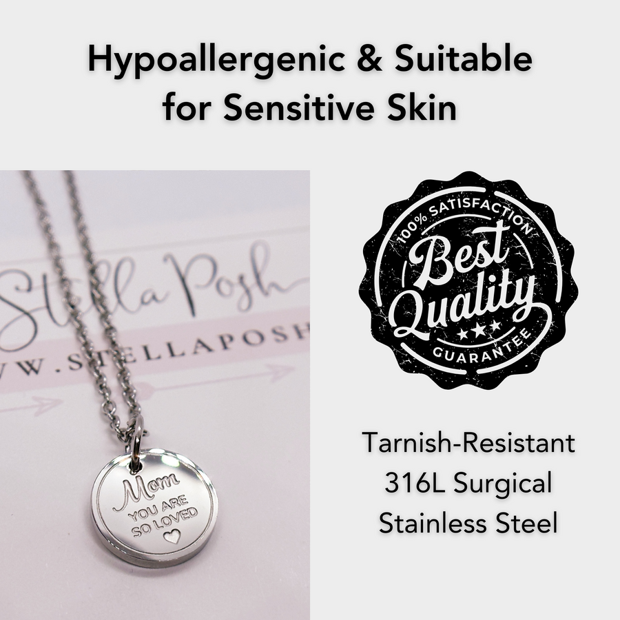 Hypoallergenic silver Mom Mother disc charm necklace, suitable for sensitive skin.
