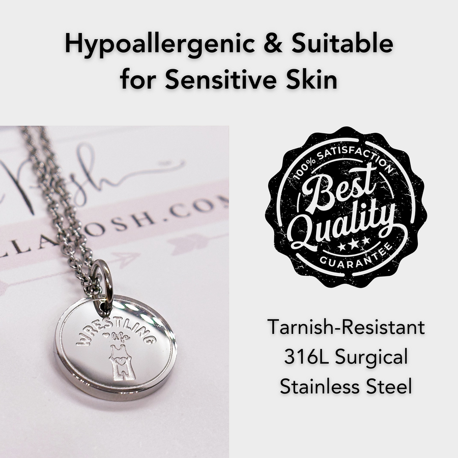 Hypoallergenic silver girl's wrestling disc charm necklace, suitable for sensitive skin.