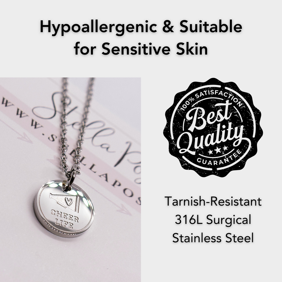 Hypoallergenic silver Cheer disc charm necklace, suitable for sensitive skin.