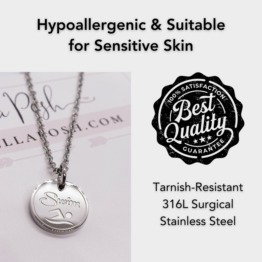 Hypoallergenic silver swimmer disc charm necklace, suitable for sensitive skin.